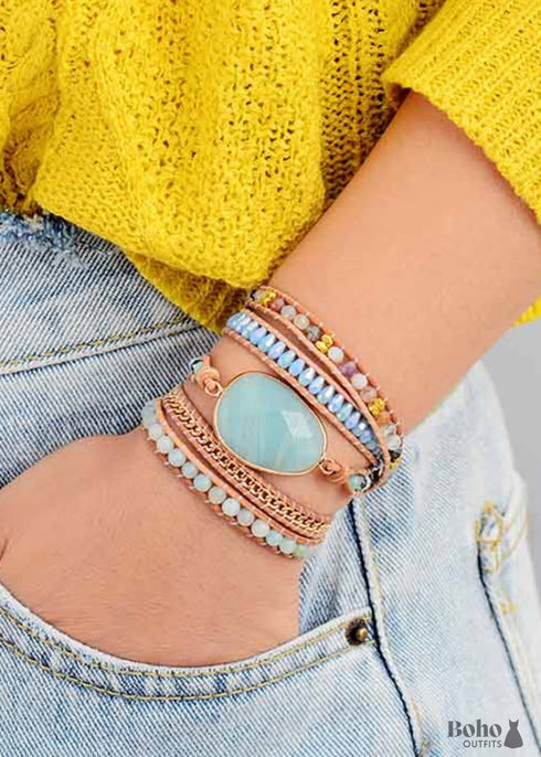 Boho Bracelet, 5 Layers Leather Wrap Bracelet, Handmade Natural Blue Stone Crystal